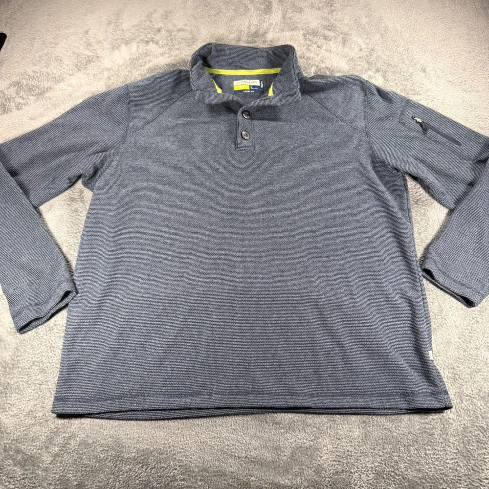 Magellan Outdoors Mens Blue Textured Pullover Mock Neck Button Loose Fit Large‎